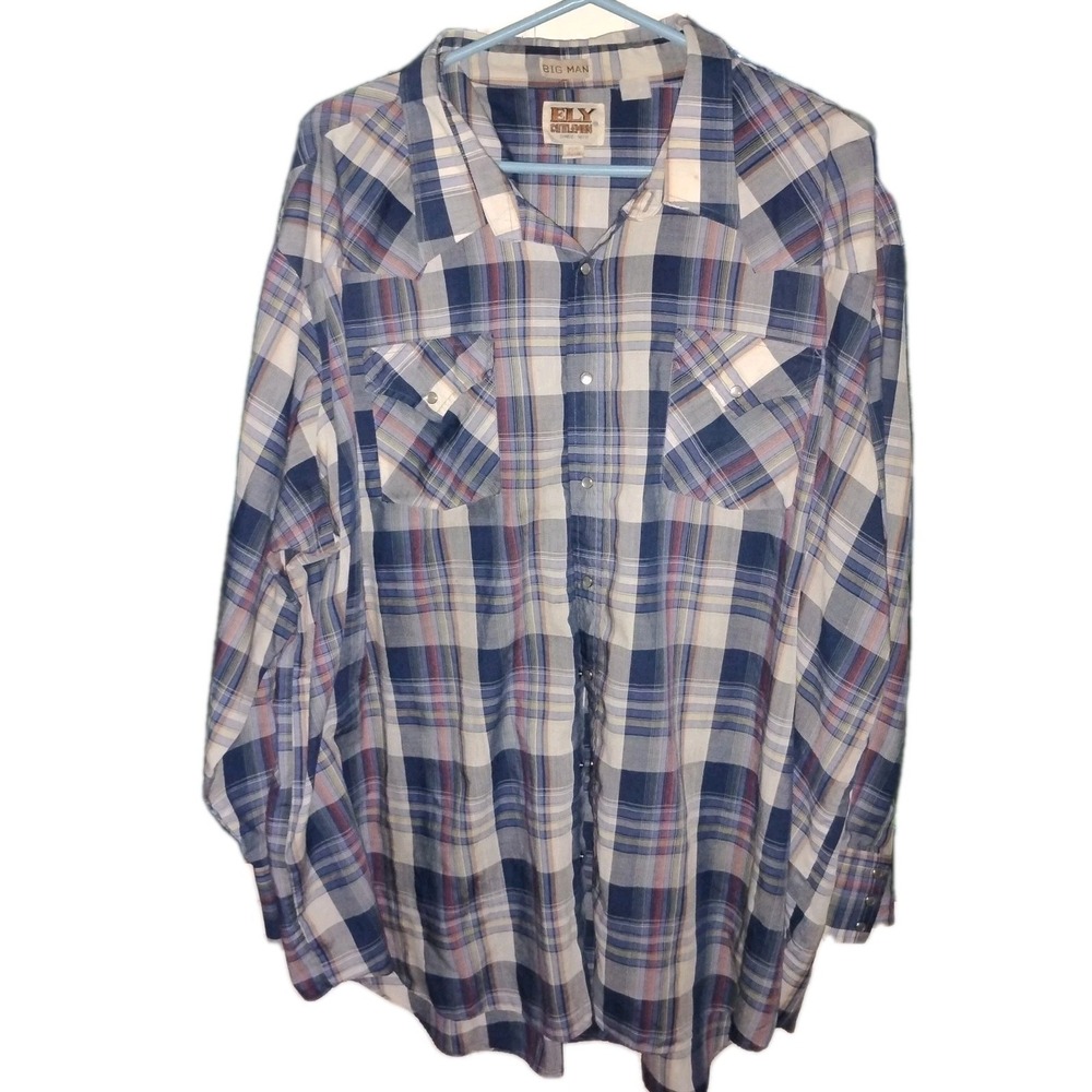 Ely Cattleman Big Man Shirt Mens 4XL B Pearl Snap‎ Long Sleeve Blue White Plaid